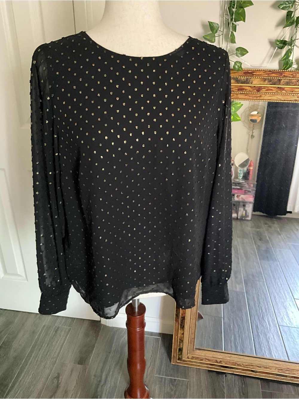 J. Crew Black Chiffon Blouse with Gold Dot Print